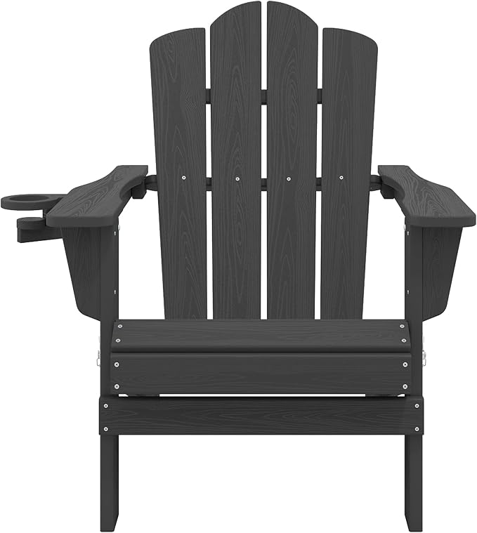 KINGYES Folding Adirondack Chair, HDPE All-Weather Patio Chairs with Cup Holder, Wooden Textured Fire Pit Chairs for Poolside, Backyard, Deck, Grey