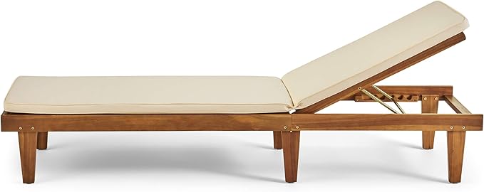 Great Deal Furniture Yvette Outdoor Acacia Wood Chaise Lounge and Cushion Set, Teak and Cream, 309788