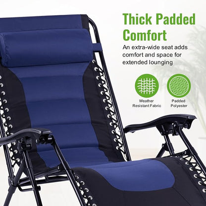 Backyard Expressions Deluxe XL Padded Recliner Zero Gravity Chair – Ergonomic Anti-Gravity Lounger with Folding Design, Side Tray, and Adjustable Headrest