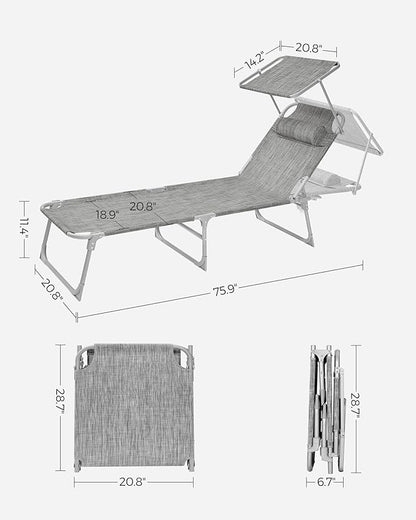 SONGMICS Sun Lounger, Patio Chaise Lounge Chair, Folding, with Canopy, 76 x 20.9 x 11.4 Inches, Holds 330 lb, Headrest, Adjustable Backrest, Outdoor Garden Pool, Greige GCB19T