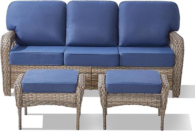 3 Pieces Patio Furniture Sofa Set, Wicker Sectional Outdoor Sofa with Ottomans - Photo 8