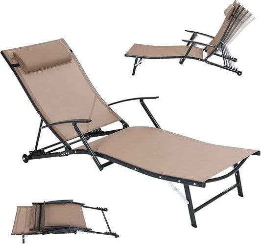 Nice C Patio Chaise Lounge with Wheel, Outdoor Lounge with Armrest for Pool, 5 Reclining Positions, with Rolling Wheel for Poolside, Beach, Backyard, Patio (1 Pack, Beige)