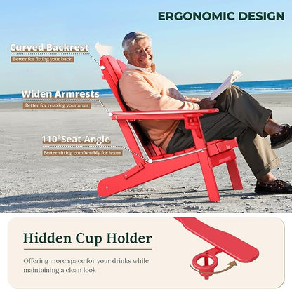 BRIOPAWS Folding-Adirondack-Chair | HDPE Plastic | Fire Pit Chairs | Cup Holder | Curved Back | All Weather | for Outdoor Backyard Deck Patio | Red