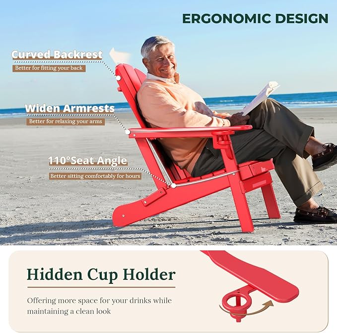 BRIOPAWS Folding-Adirondack-Chairs Set of 2 | HDPE Plastic | Fire Pit Chair | Cup Holder | Curved Back | All Weather| for Outdoor Backyard Deck Patio | Red