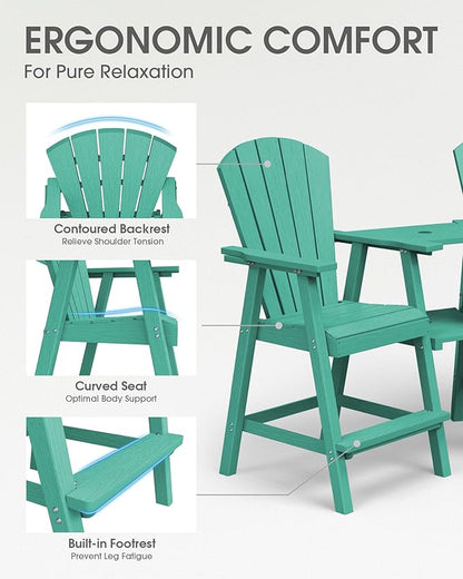 Tall Adirondack Chairs Set of 2, HDPE High Adirondack Chairs with Double Removable Trays, All Weather Outdoor Barstools for Patio, Balcony, Backyard, Deck and Garden, Lakeblue