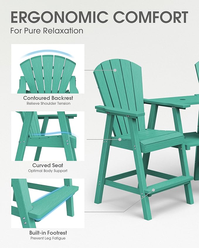 Tall Adirondack Chairs Set of 4, HDPE High Adirondack Chairs with Double Removable Trays, All Weather Outdoor Barstools for Patio, Balcony, Backyard, Deck and Garden, Lakeblue