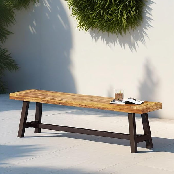 Merax Outdoor Acacia Wood Patio Bench, Garden Benches for Porch Park Yard Backyard Lawn, Brown+Black
