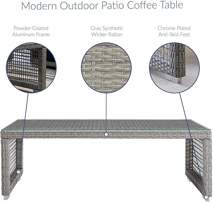 Modway Aura Wicker Rattan Outdoor Patio Tempered Glass Coffee Table in Gray