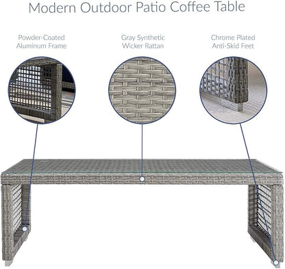 Modway Aura Wicker Rattan Outdoor Patio Tempered Glass Coffee Table in Gray