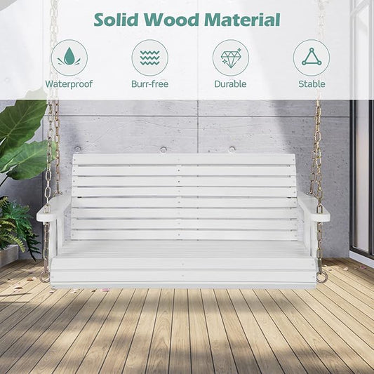 Giantex Wooden Porch Swing 2 Seat - Outdoor Swinging Chairs with Hanging Chains, 600 lbs Weight Capacity, 4 FT Finished Fir Wood Bench Swing for Patio, Outside, Garden, Lawn, Backyard (White)