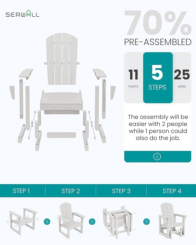 SERWALL Outdoor Glider Chair, HDPE Patio Glider Rocker All-Weather Porch Glider for Outside, White - Photo 9