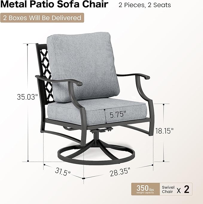 Metal Outdoor Swivel Patio Chairs Set of 2 with 5.75" Extra Thick Cushion, 2 Piece High Back Swivel Rocker Patio Chairs Outdoor Furniture Seating for Deck Balcony Front Porch, Gray