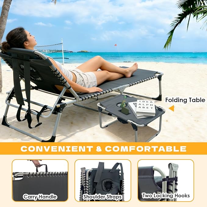 Backpack Sun Tanning Chair with Face Hole & Beach Table, 5-Position Adjustable Folding Lounge Chair Outdoor for Lawn Patio Garden