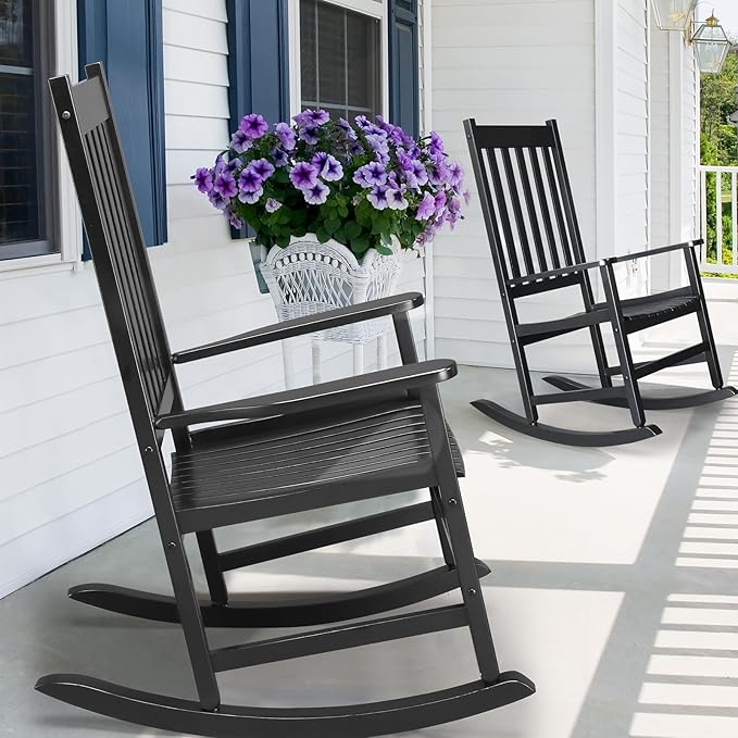 Outdoor Wood Rocking Chair, Wooden Patio Rocking Chair with Comfortable Backrest, Weatherproof Patio Rocker for Patio Garden Yard Balcony Poolside, Black