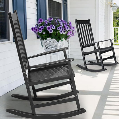 Outdoor Porch Rocker Chairs,Weather Resistant Wood Rocking Chair for Adults,Modern Rocking Accent Chairs,Indoor Outside Furniture Rocker,with Armrest,for Garden Lawn Backyard Poolside Deck (Black)