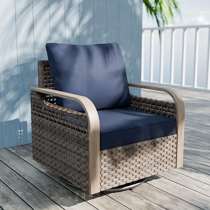 Modern Wicker Outdoor Swivel Rocking Chair, Rattan Glider Rocker Chair Patio Armchair for Backyard, Deck, Porch, Garden, 1 Piece, Brown/Blue