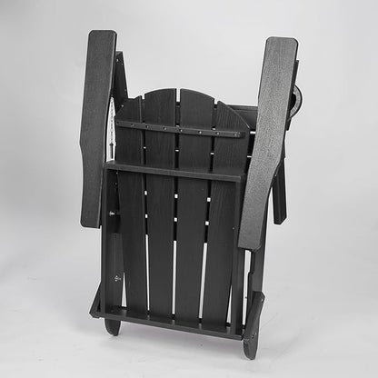 Folding Adirondack Chair with Dual Cup Holder, HDPE Composite Adirondack Chair with Wood Texture, Patio Chairs, Lawn Chairs, Outdoor Chair for Deck, Backyard, Garden (Black)