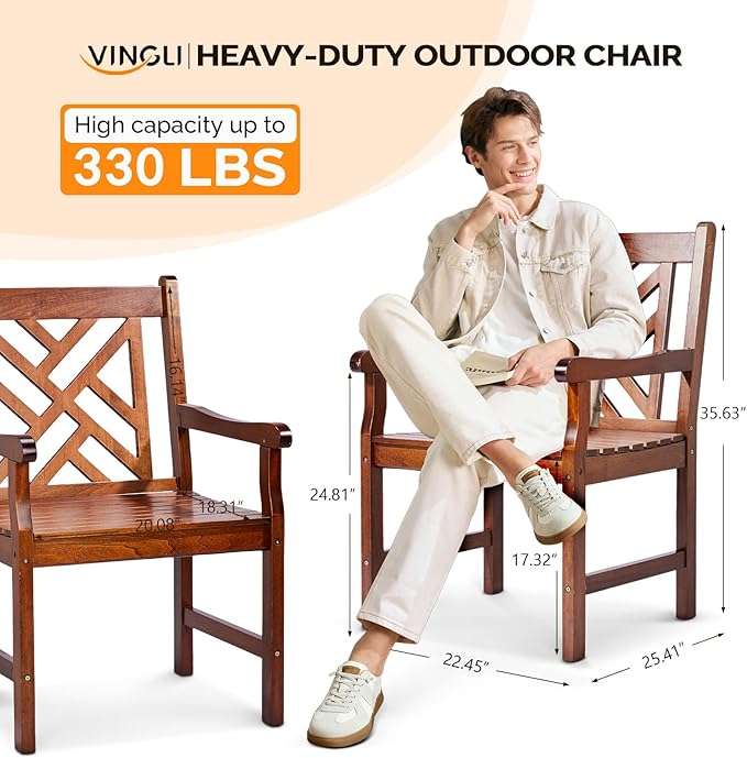 VINGLI Outdoor Dining Chairs Set of 6, Heavy Duty 330 LBS Wooden Patio Chairs with Comfortable Backrest, Solid Wood Patio Dining Chairs Garden Chairs for Yard, Front Porch and Deck (Teak, 6 PCS)