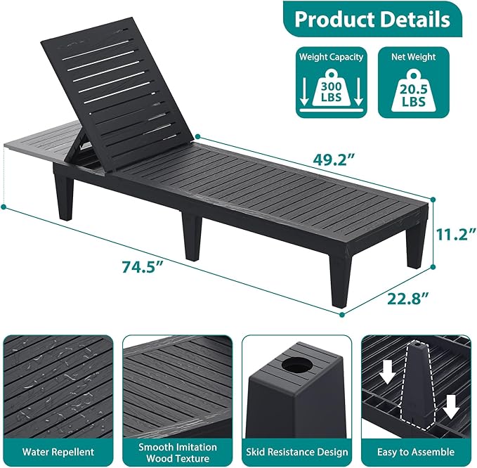 Chaise Lounge Chair Outdoor Set of 3 for Patio, Weather-Resistant Tanning Chair Recliner with Adjustable Backrest - Photo 3