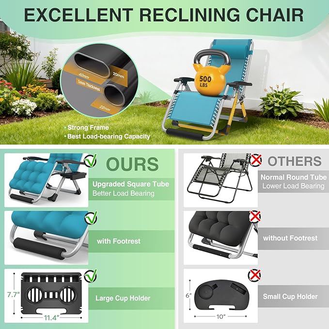 Suteck Oversized Zero Gravity Chair,29In XL Lounge Chair w/Removable Cushion&Headrest, Folding Patio Chair w/Upgraded Lock and Footrest, Reclining Patio Chairs Recliner for Indoor Outdoor