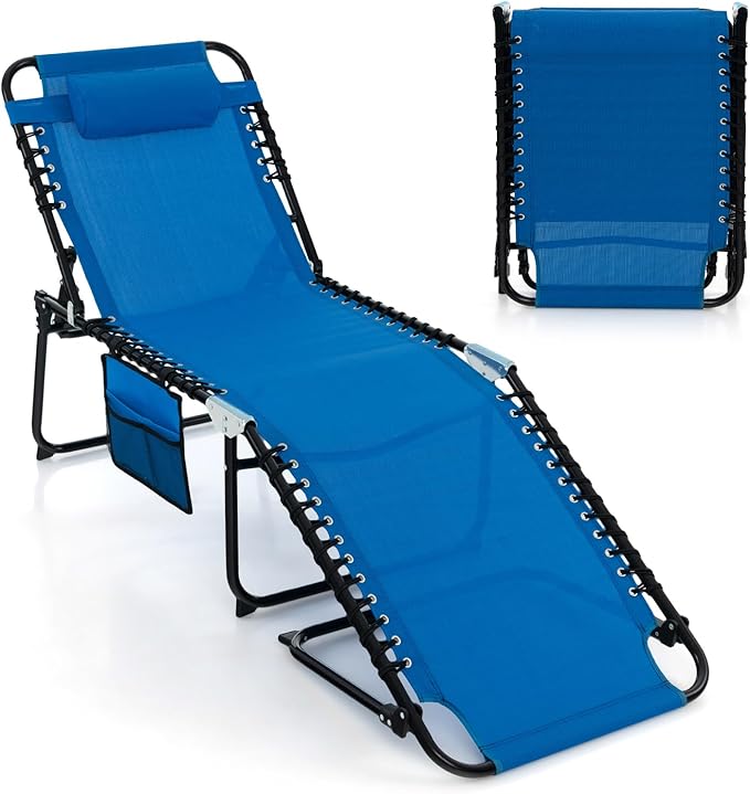Goplus Chaise Lounge Chair, Outdoor Folding 5-Postion Beach Lounge Chair with Detachable Pillow, Side Pocket, Adjustable Tanning Chair for Patio Lawn Pool Yard