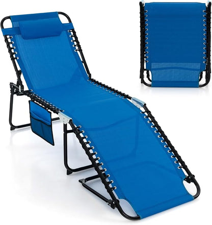 Goplus Chaise Lounge Chair, Outdoor Folding 5-Postion Beach Lounge Chair with Detachable Pillow, Side Pocket, Adjustable Tanning Chair for Patio Lawn Pool Yard