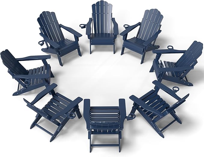 FOOWIN Adirondack Chair Set of 8, Folding HDPE Patio Chairs with Cup Holder, 400LBS Heavy Duty Commercial Fire Pit Seating for Resort, Hotel, Event, Large Deck,Navy Blue