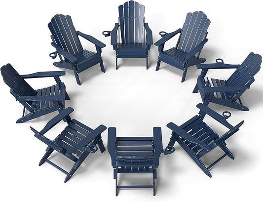 FOOWIN Adirondack Chair Set of 8, Folding HDPE Patio Chairs with Cup Holder, 400LBS Heavy Duty Commercial Fire Pit Seating for Resort, Hotel, Event, Large Deck,Navy Blue