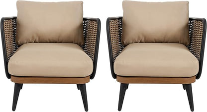 Christopher Knight Home Xayah Patio Wicker Accent Chair Set of 2, Outdoor Lounge Chair with Water-Resistant Cushion, Woven Faux Rattan Backrest & Armrest, Sturdy Metal Frame Armchair, Brown + Khaki