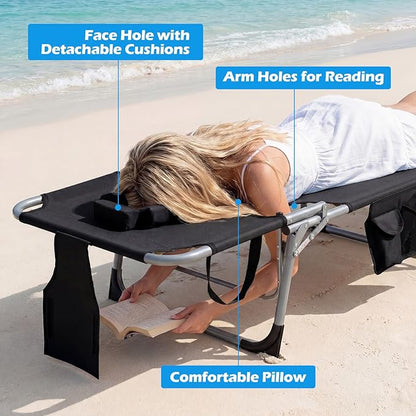 GYMAX Tanning Chair with Face Hole, Sun Bathing Lounge Chairs for Outside with Side Pocket, Folding Portable Face Down Layout Tanning Chair Beach, Backyard, Poolside, Lawn (Black,2)