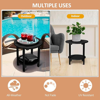 2 Tier Round Outdoor Side Table with Wood-Like Grain, 17.7" HDPE Adirondack Table Patio Side Table, Weather Resistant End Table for Pool, Patio & Porch, Small Outdoor Table(Black, Round)