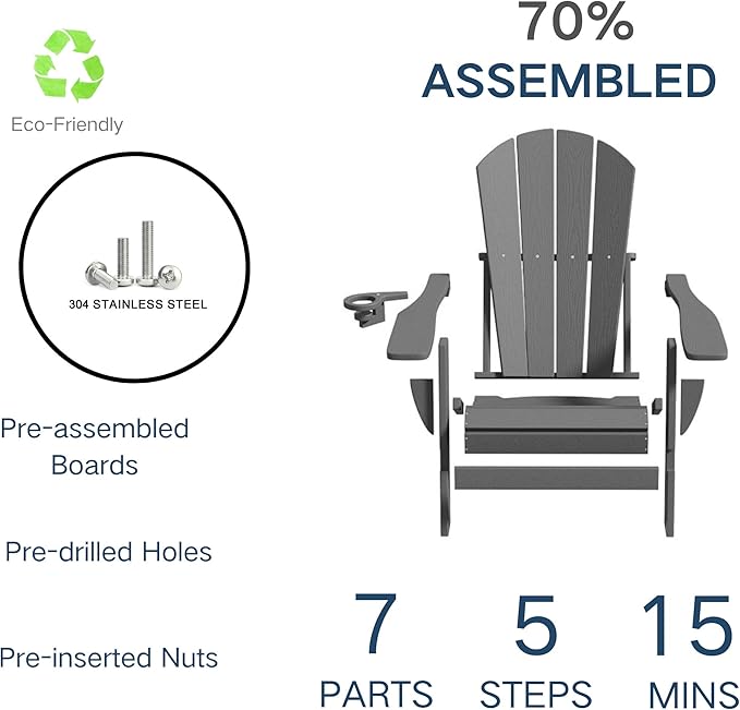 Foldable Adirondack Chair with Cup Holder-Heavy Duty Recycled HDPE Outdoor Patio Furniture, Weather Resistant Deck Lawn Fire Pit Chair (Gray, 1 Chair)