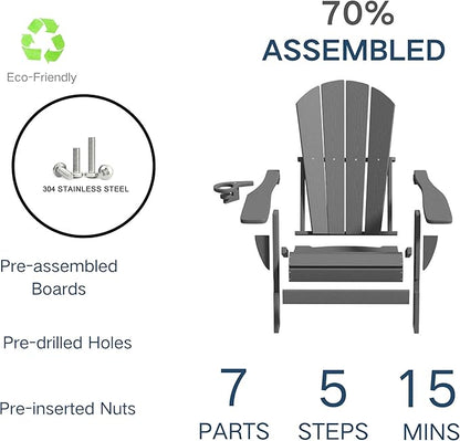 Foldable Adirondack Chair with Cup Holder-Heavy Duty Recycled HDPE Outdoor Patio Furniture, Weather Resistant Deck Lawn Fire Pit Chair (Gray, 1 Chair)