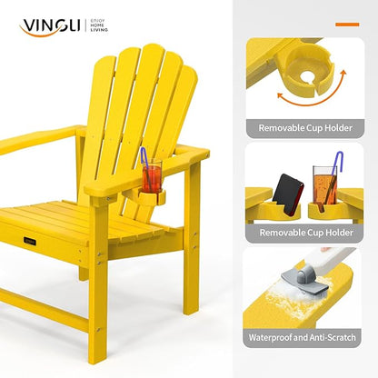 VINGLI Plastic Folding Adirondack Chair with Cup Holder, 100% Recyclable HDPE Material, 380lb Weight Capacity for Outdoor Pool Patio Lounge Chair Lawn Furniture Fire Pit, 1 Pack, Lemon Yellow