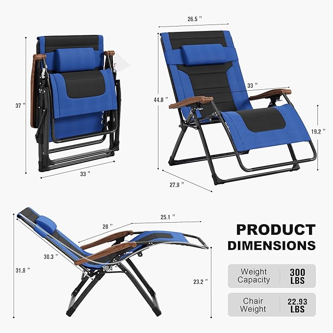 PURPLE LEAF Extra Wide Outdoor Reclining Chair Patio Zero Gravity Chaise Lounge Folding Chair with Quilted Cushion Adjustable Headrest for Lawn Camping Beach Pool Navy Blue and Black