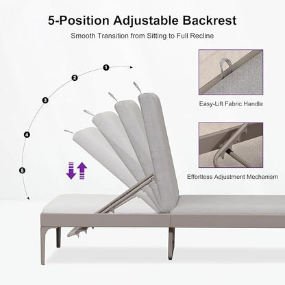 PURPLE LEAF 1 Piece Outdoor Chaise Lounge Aluminum Adjustable Patio Lounger Chair with Cushion Reclining Beach Daybed for Poolside Balcony Deck Backyard, Champagne
