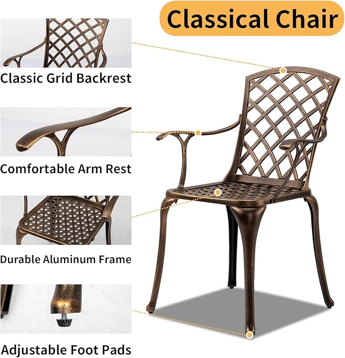 VINGLI Patio Chairs Set of 2, All-Weather Cast Aluminum Outdoor Dining Chairs, Metal Armchairs for Poolside, Backyard, Balcony (Grid Back Without Cushion)