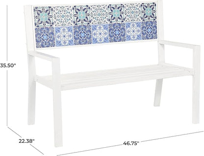 Deco 79 Metal Patio Outdoor Bench Mosaic Floral and Scroll Patio Bench with Blue and Teal Patterns, Bench 47" x 22" x 36", White