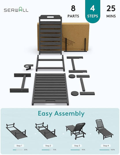 SERWALL Outdoor Chaise Lounge Chair, HDPE Patio Lounge Chair with Cup Holder, 5 Positions Adjustable Poly Lounger with Rolling Wheels for Poolside, Deck, Sunbathing, Grey