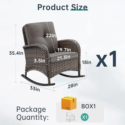 Patio Rocking Chair: Outdoor Wicker Rocker Porch Rocking Chair with Removable Cushion, 300 Lb Weight Capacity Rattan Rocking Seating for Balcony Garden Brown-Grey