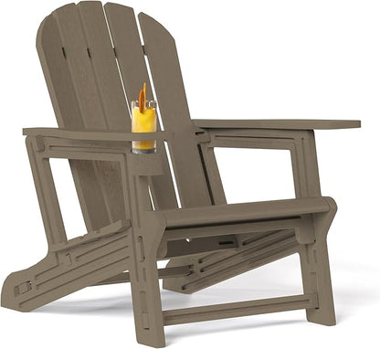 Costaelm Tool-Free Assembly Outdoor Patio HDPE Plastic Adirondack Chair with Cup Holder, Weathered Wood