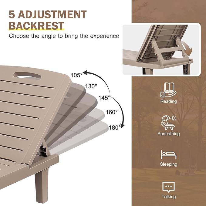 CDCASA Outdoor Chaise Lounge Set of 4, Pool Lounge Chairs w/5 Adjustable Positions & Side Tray, Waterproof Resin Lounges for Poolside,Yard, Garden, Sunbathing, for All Weather, Taupe