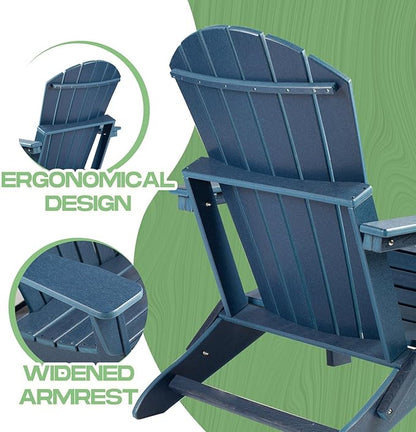 IDEALHOUSE Folding Adirondack Chair, Oversized HDPE Adirondack Chairs with Weather Resistant, Outdoor Fire Pit Chair for Patio, Porch, Deck, Garden, Navy Blue