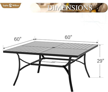 Sophia & William 60" Large Outdoor Patio Table for 8, Outdoor Square Metal Dining Table with 1.9" Adjustable Umbrella Hole, All Weather Wrought Iron Furniture Black Table for Garden Deck