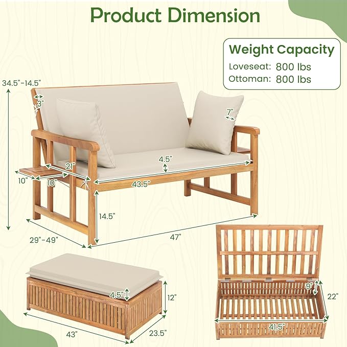LDAILY Moccha Acacia Wood Outdoor Daybed - Wooden Loveseat Sofa with 4-Level Backrest, Storage Ottoman, Cushions - Photo 3