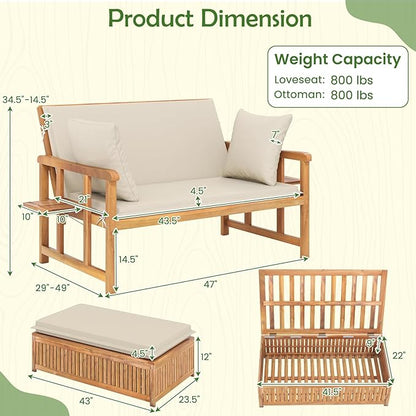 LDAILY Moccha Acacia Wood Outdoor Daybed - Wooden Loveseat Sofa with 4-Level Backrest, Storage Ottoman, Cushions, Outside Sunbed, Double Bed Lounger for Backyard Porch Pool Patio Furniture Set