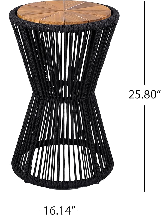 Merax Bohemian Round Outdoor Side Table with Acacia Wood Top and Black Handwoven Rope Base - Photo 2