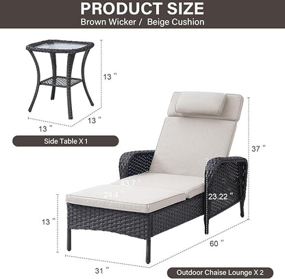Belord 3 Piece Outdoor Chaise Lounge Patio Recliner - 75 Inch Adjustable Wicker Chaise Lounge with Soft Pillow Removable Cushions, All Weather Rattan Pool Lounge Chair Set 2 for Poolside Brown/Beige