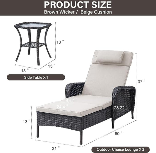 Belord 3 Piece Outdoor Chaise Lounge Patio Recliner - 75 Inch Adjustable Wicker Chaise Lounge with Soft Pillow Removable Cushions, All Weather Rattan Pool Lounge Chair Set 2 for Poolside Brown/Beige