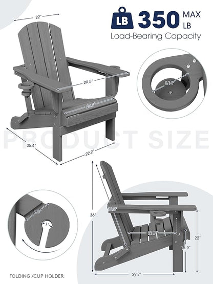 KINGYES Folding Adirondack Chair Set of 4, Dual Cup Holders & All-Weather HDPE, Wood-Like Patio Chair for Backyard, Camping, Pool & Fire Pit, Grey